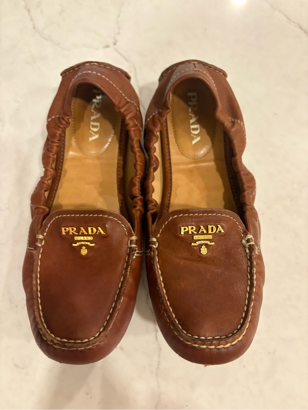 Prada Brown Leather Moccasin Loafers with Gold Logo